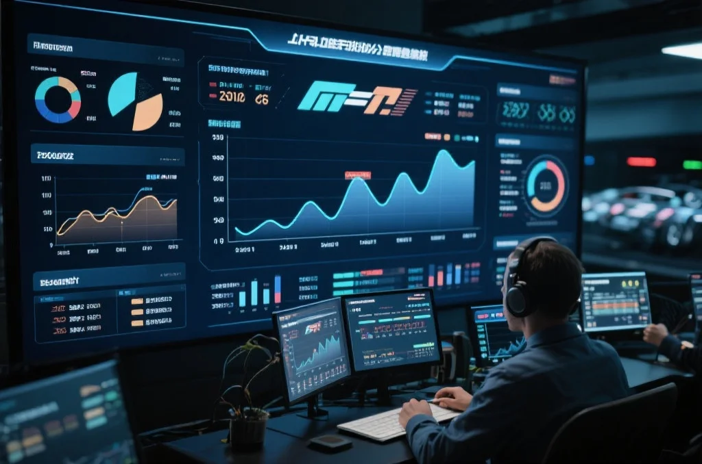 详细展示极速赛车比赛中多维度数据分析过程，包含图表、统计曲线与分析师操作大屏幕